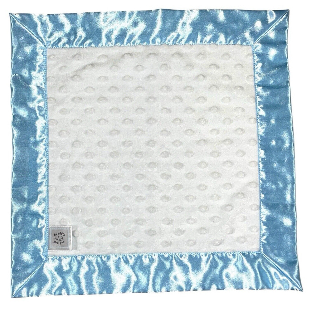 Swaddle Designs Plush Minky Dot Satin Baby Lovey White Blue Security Blanket 14”
